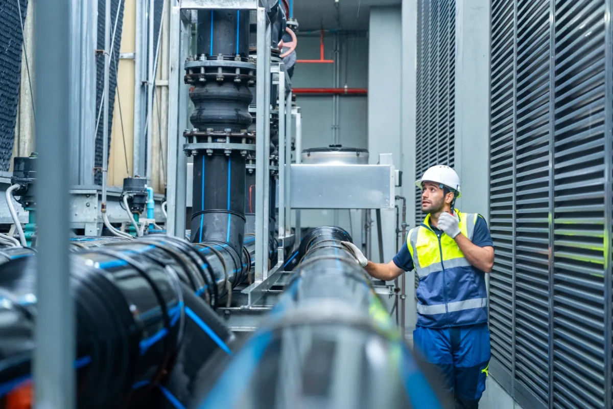 Maintenance technician inspecting industrial pipework and service connections