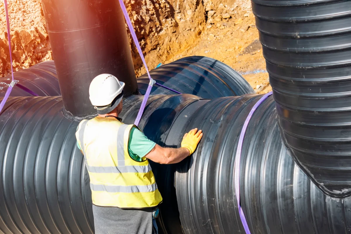 Worker checking a large corrugated attenuation tank before installation