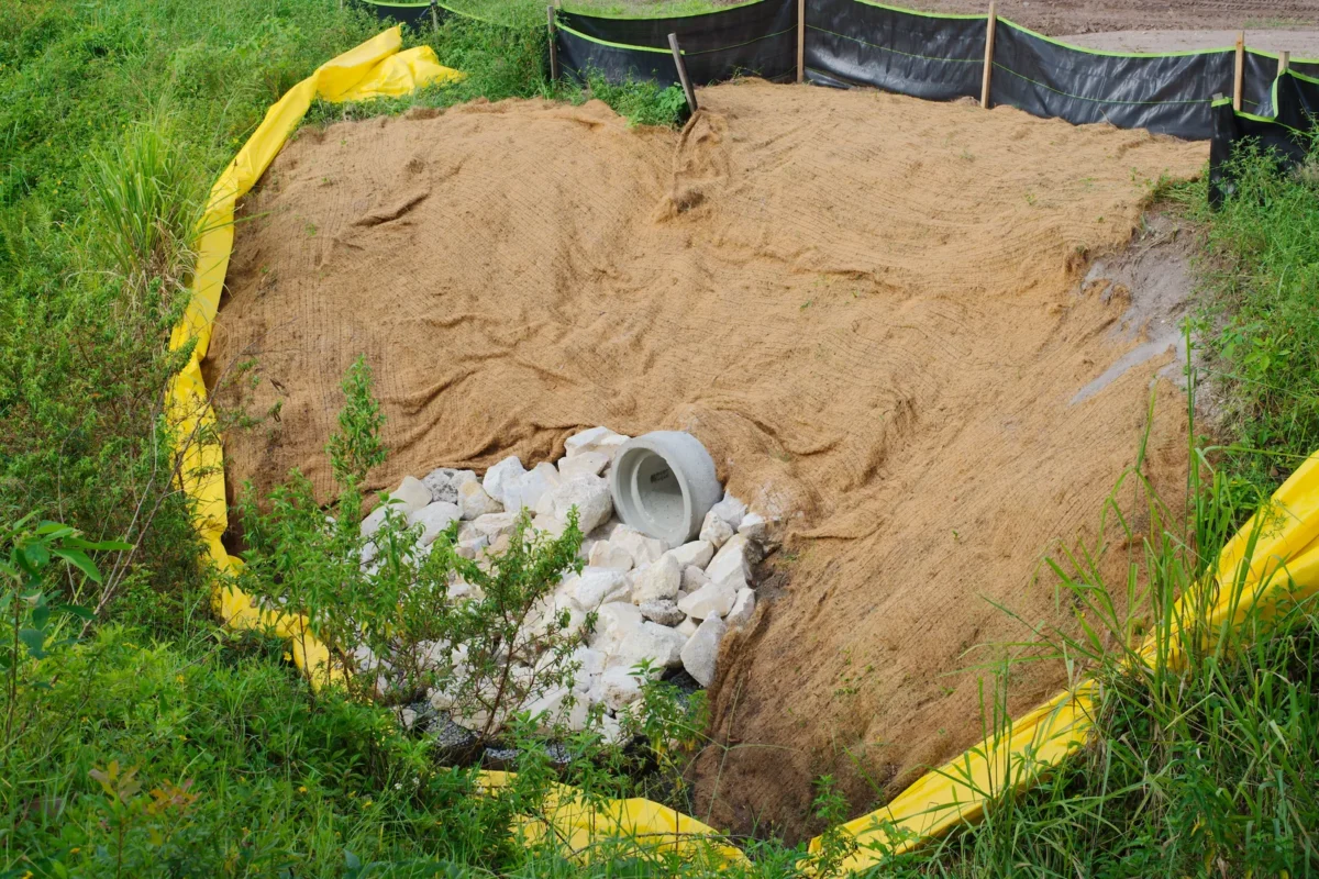 Construction drainage outlet with sediment-control fencing and erosion protection