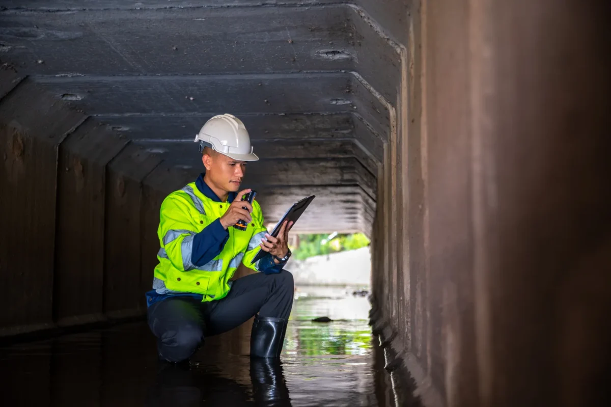 Drainage technician using a tablet while inspecting a concrete box culvert