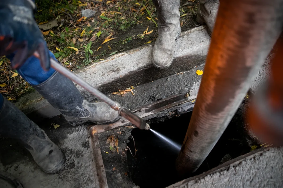 Workers using suction and cleaning equipment to clear an outdoor drain.
